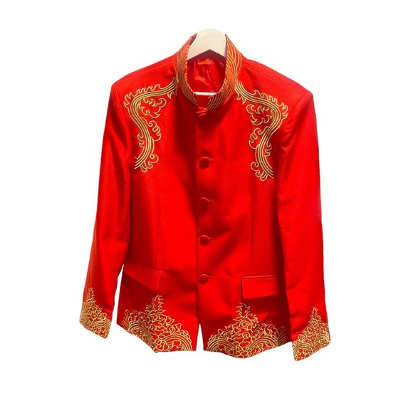 Red Chinese Wedding Suit Changshan with Gold Embroidery China Asian Traditional - Picture 3 of 8